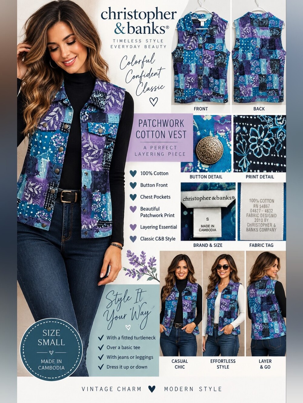 Christopher & Banks 2010 Patchwork Floral Cotton Vest Purple Teal S